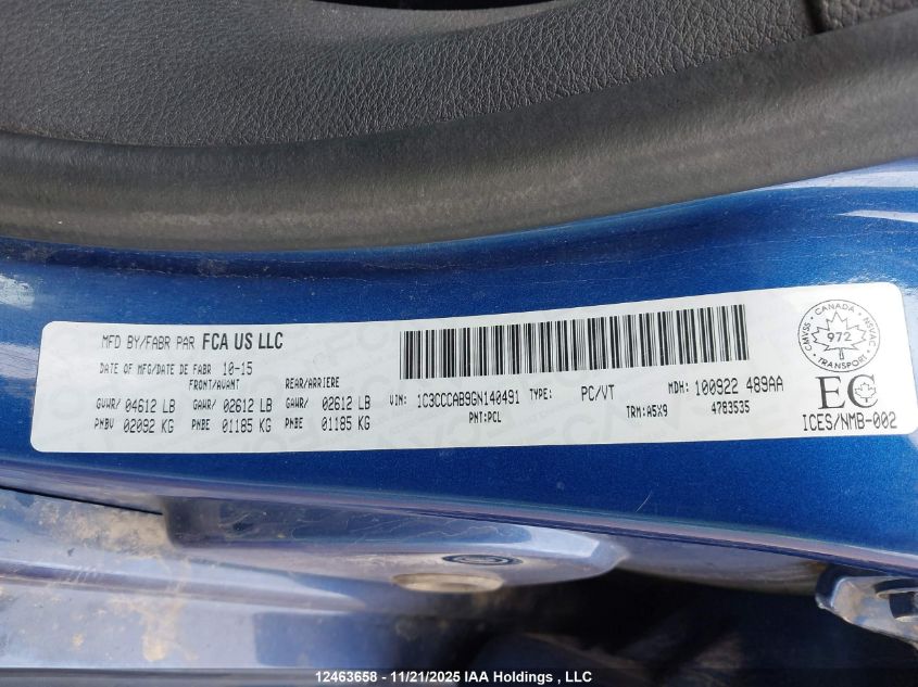 2016 Chrysler 200 Limited VIN: 1C3CCCAB9GN140491 Lot: 12463658