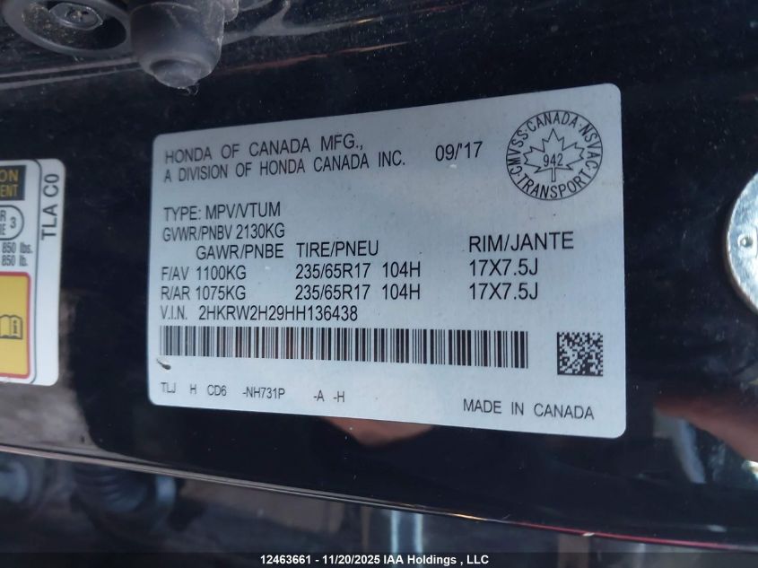 2017 Honda Cr-V Lx VIN: 2HKRW2H29HH136438 Lot: 12463661