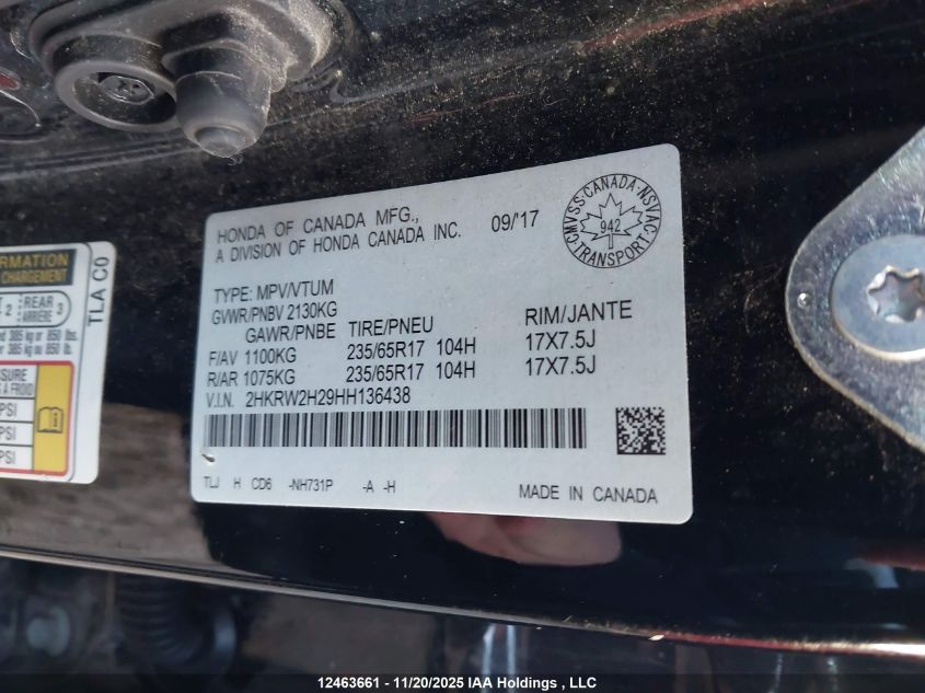 2017 Honda Cr-V Lx VIN: 2HKRW2H29HH136438 Lot: 12463661