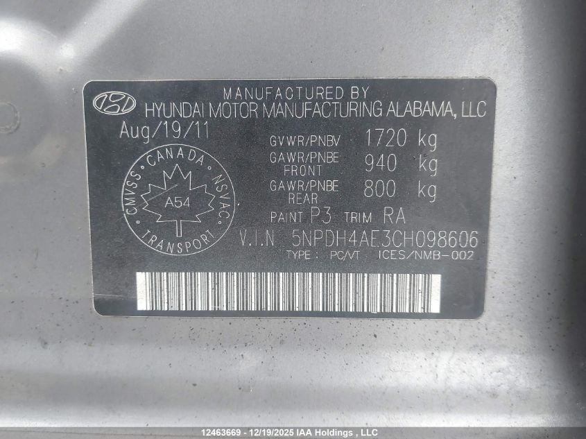 2012 Hyundai Elantra Gl VIN: 5NPDH4AE3CH098606 Lot: 12463669