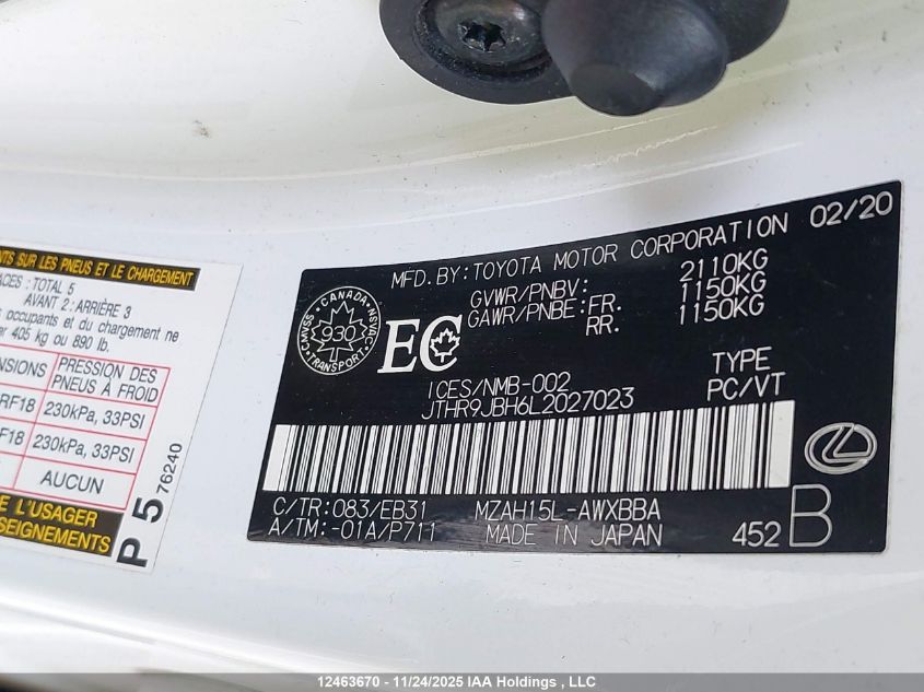 2020 Lexus Ux 250H VIN: JTHR9JBH6L2027023 Lot: 12463670