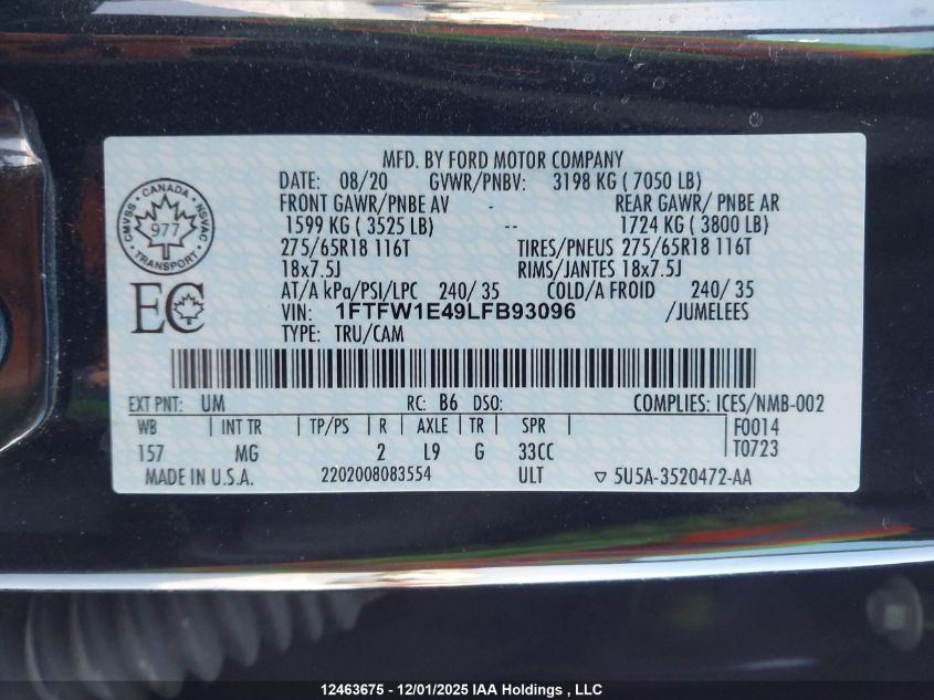 2020 Ford F-150 Xlt VIN: 1FTFW1E49LFB93096 Lot: 12463675