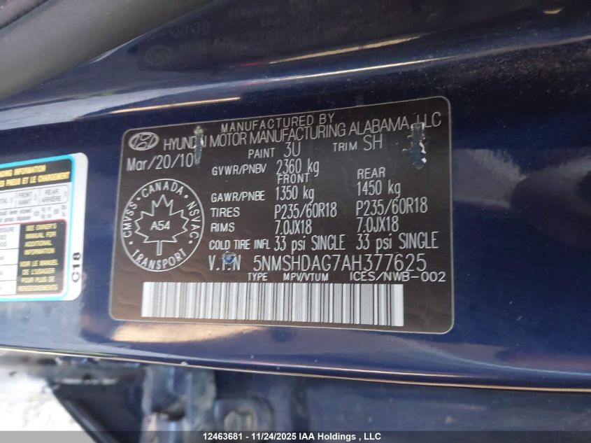 2010 Hyundai Santa Fe Limited 3.5 VIN: 5NMSHDAG7AH377625 Lot: 12463681