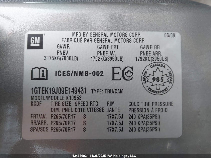 1GTEK19J09E149431 2009 GMC SIERRA photo no. 9