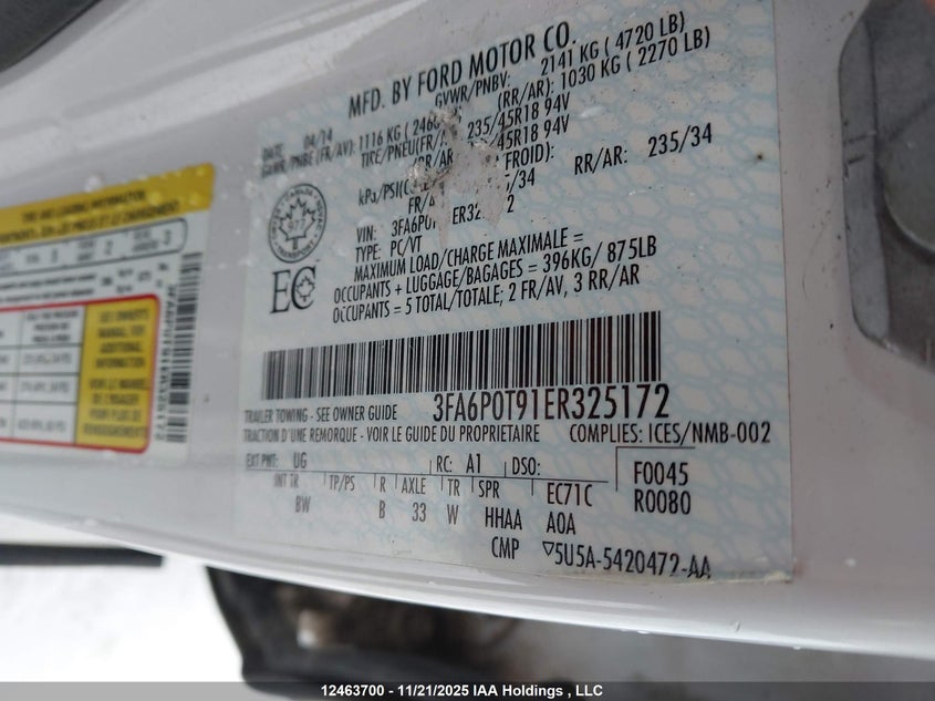 2014 Ford Fusion Se VIN: 3FA6P0T91ER325172 Lot: 12463700