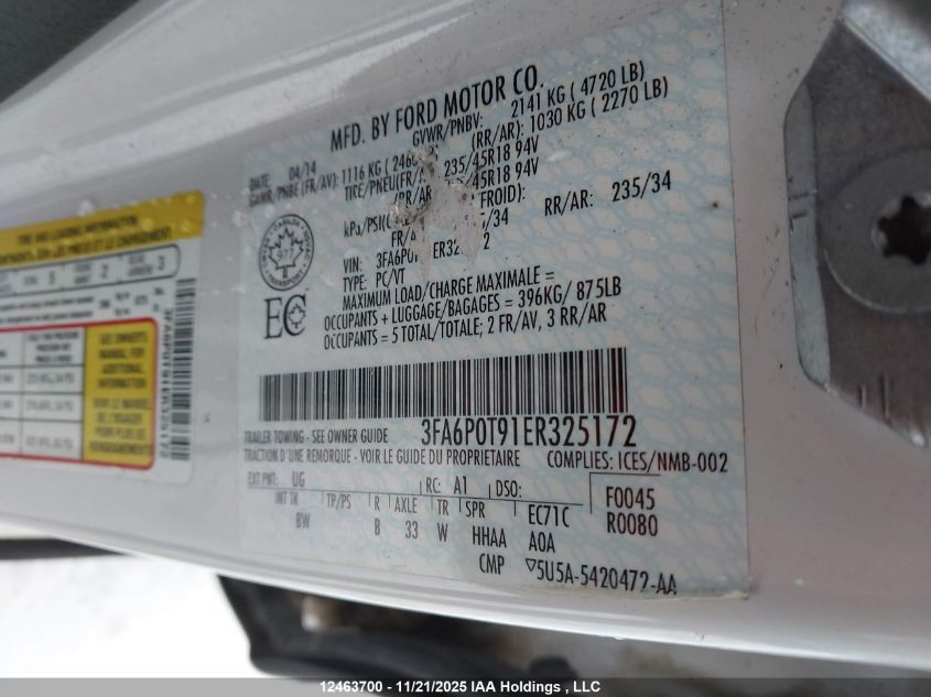 2014 Ford Fusion Se VIN: 3FA6P0T91ER325172 Lot: 12463700