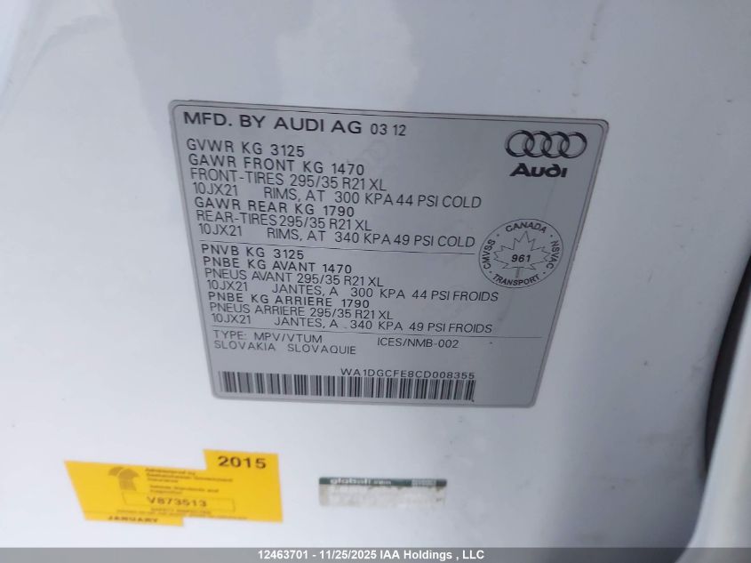 2012 Audi Q7 3.0 Premium Plus/3.0 Sport VIN: WA1DGCFE8CD008355 Lot: 12463701