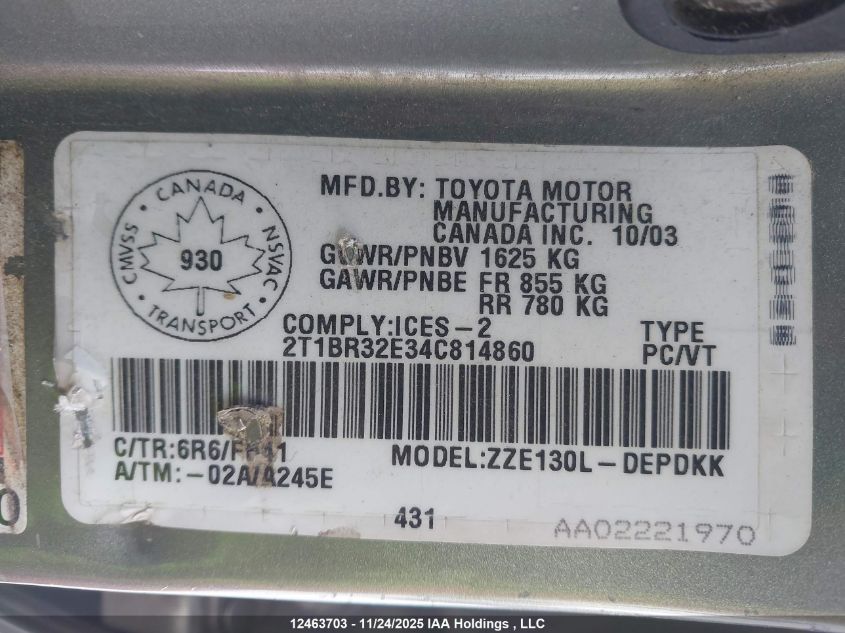 2004 Toyota Corolla Ce/Le/Sport VIN: 2T1BR32E34C814860 Lot: 12463703