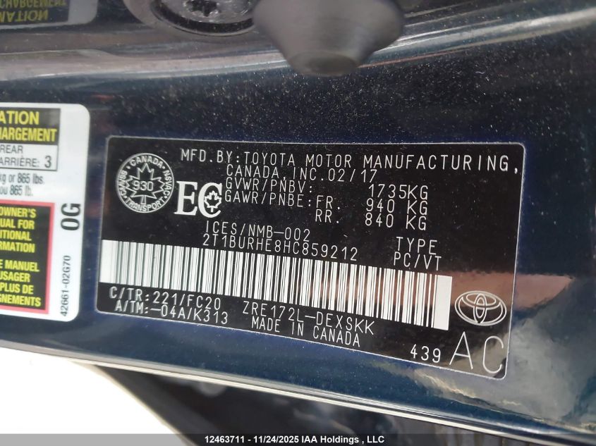 2017 Toyota Corolla Se VIN: 2T1BURHE8HC859212 Lot: 12463711