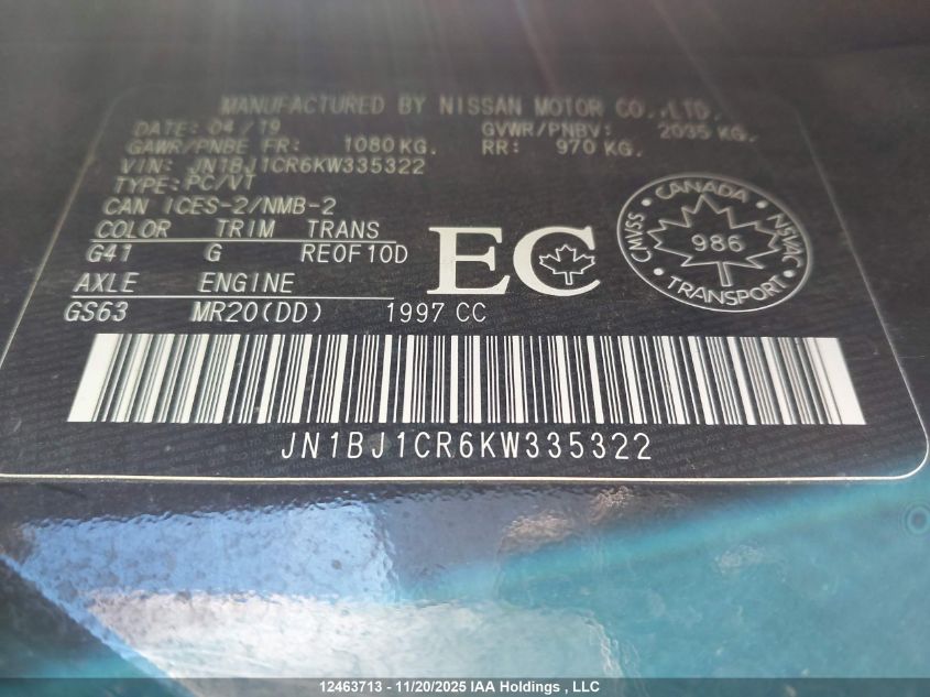2019 Nissan Qashqai S/Sl/Sv VIN: JN1BJ1CR6KW335322 Lot: 12463713