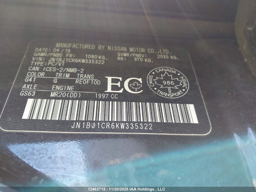 2019 Nissan Qashqai S/Sl/Sv VIN: JN1BJ1CR6KW335322 Lot: 12463713
