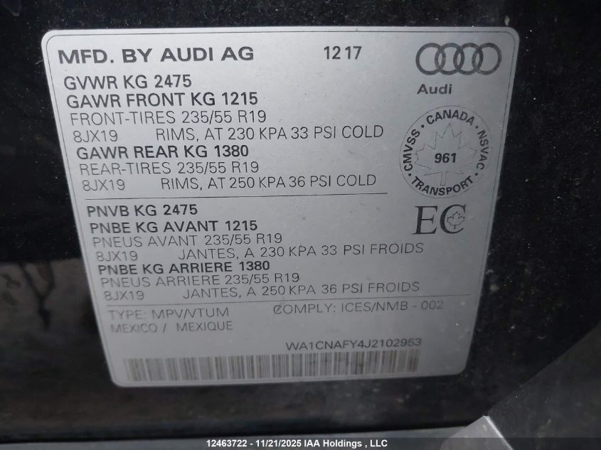 2018 Audi Q5 2.0T Technik VIN: WA1CNAFY4J2102953 Lot: 12463722