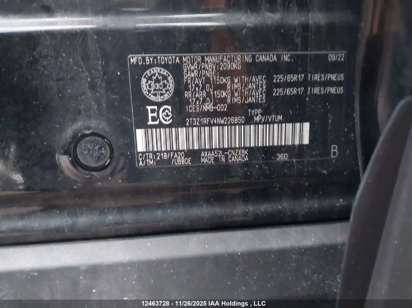 2022 Toyota Rav4 Le VIN: 2T3Z1RFV4NW226850 Lot: 12463728