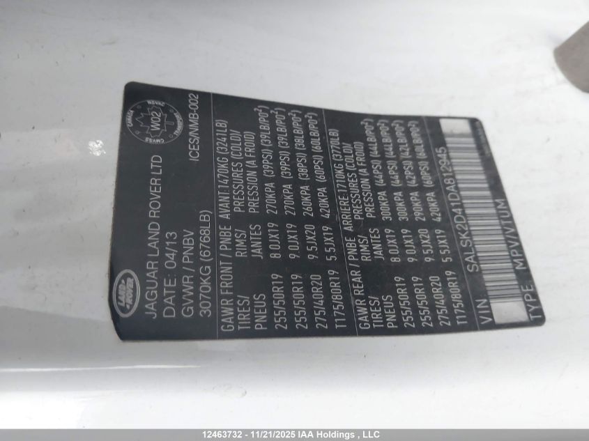 2013 Land Rover Range Rover Sport Hse VIN: SALSK2D41DA812945 Lot: 12463732