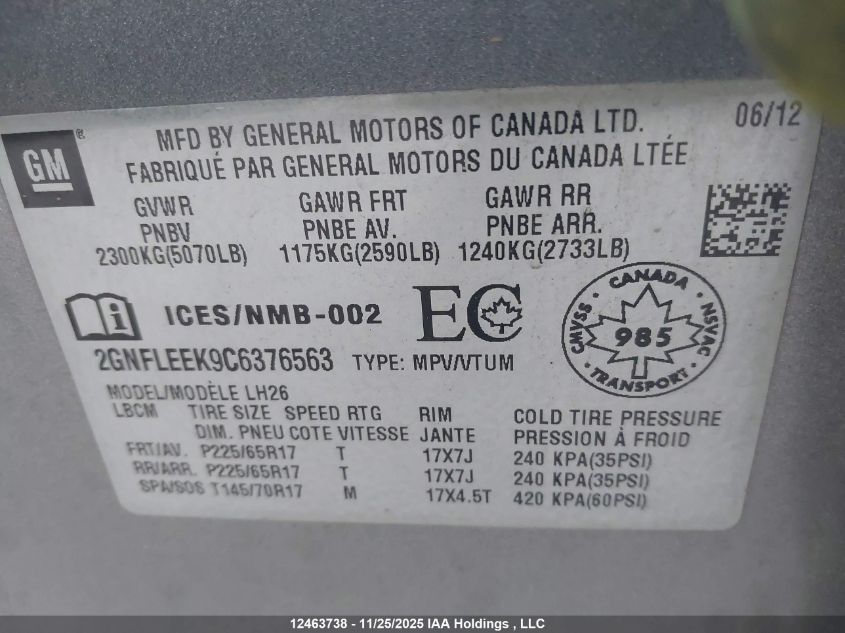 2012 Chevrolet Equinox 1Lt VIN: 2GNFLEEK9C6376563 Lot: 12463738