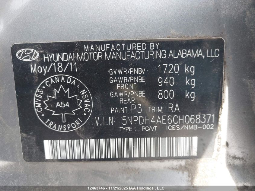 2012 Hyundai Elantra Gls/Limited VIN: 5NPDH4AE6CH068371 Lot: 12463746