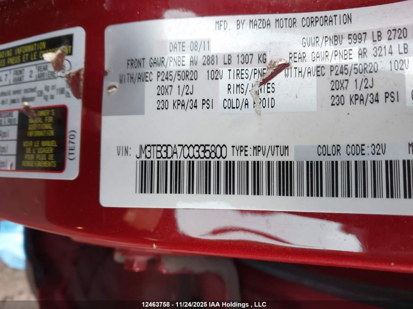 2012 Mazda Cx-9 Gt VIN: JM3TB3DA7C0335800 Lot: 12463758