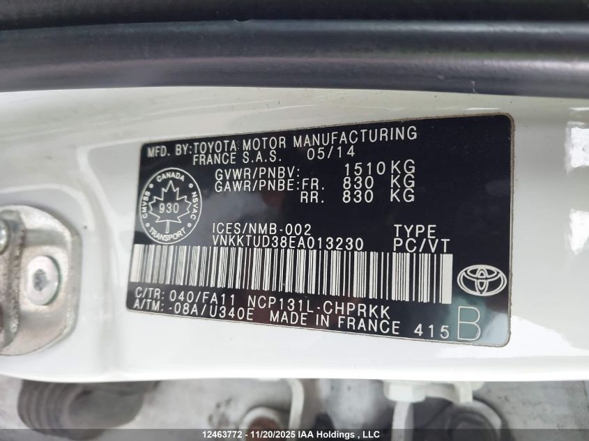 2014 Toyota Yaris VIN: VNKKTUD38EA013230 Lot: 12463772