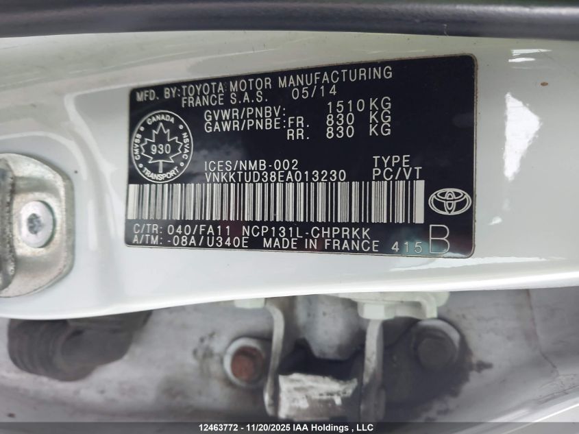 2014 Toyota Yaris VIN: VNKKTUD38EA013230 Lot: 12463772