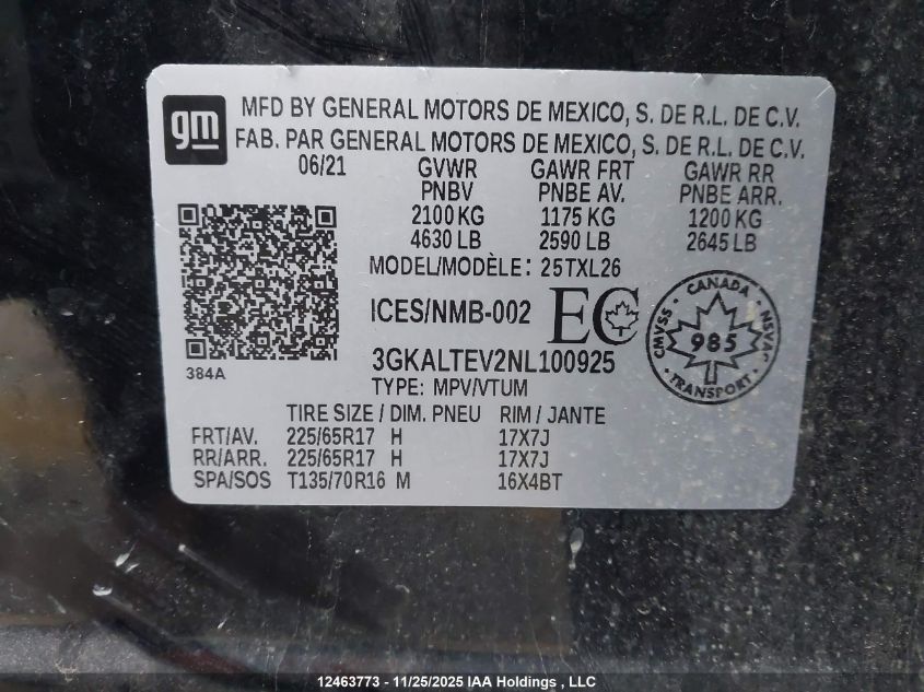 2022 GMC Terrain Sle VIN: 3GKALTEV2NL100925 Lot: 12463773