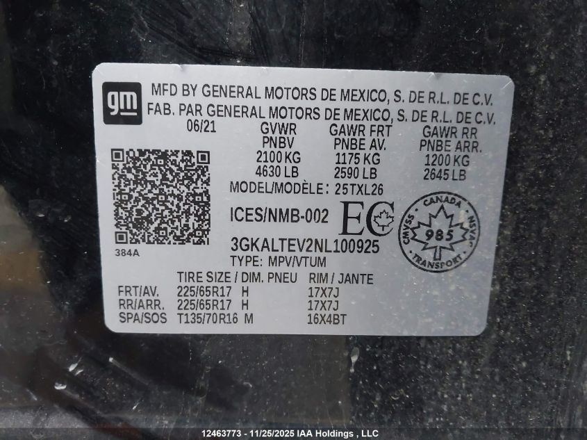 2022 GMC Terrain Sle VIN: 3GKALTEV2NL100925 Lot: 12463773