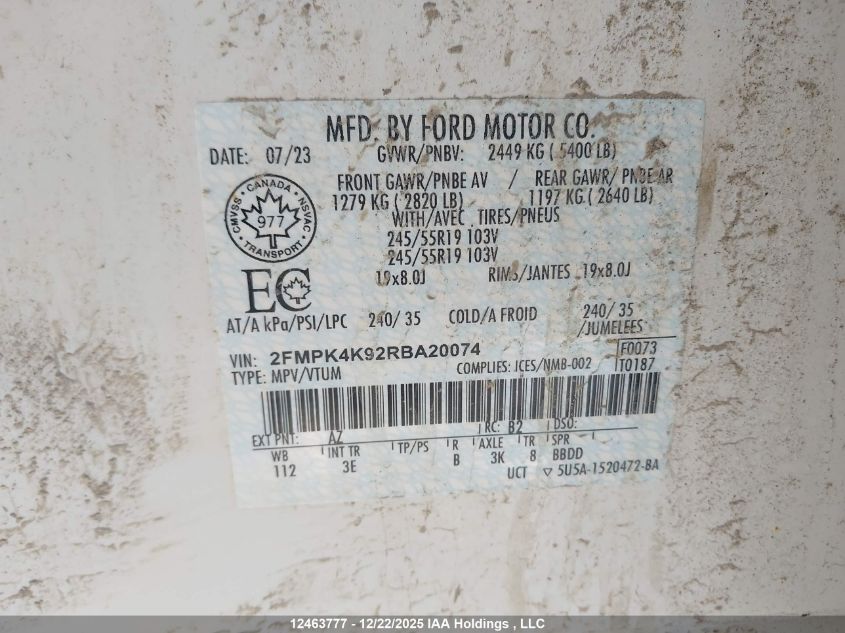 2024 Ford Edge Titanium VIN: 2FMPK4K92RBA20074 Lot: 12463777