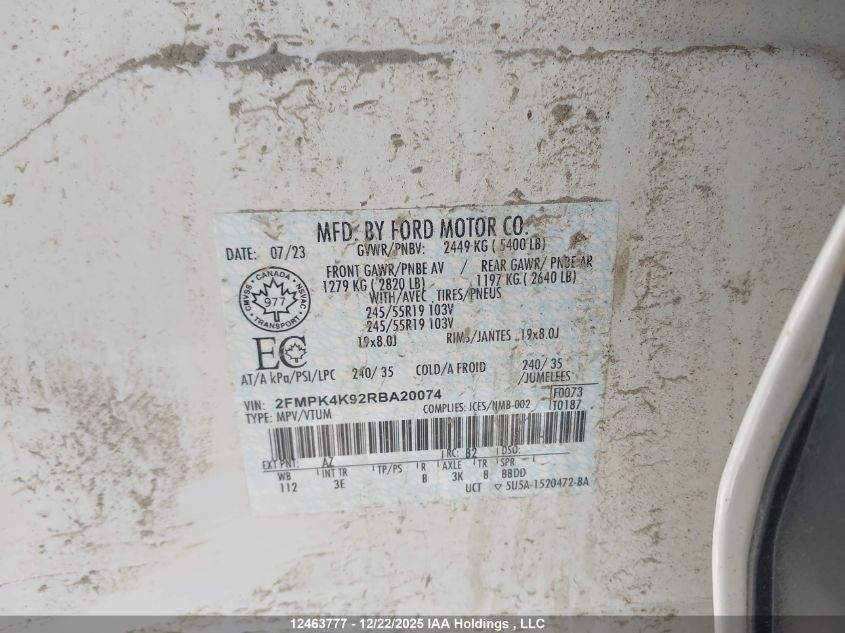 2024 Ford Edge Titanium VIN: 2FMPK4K92RBA20074 Lot: 12463777