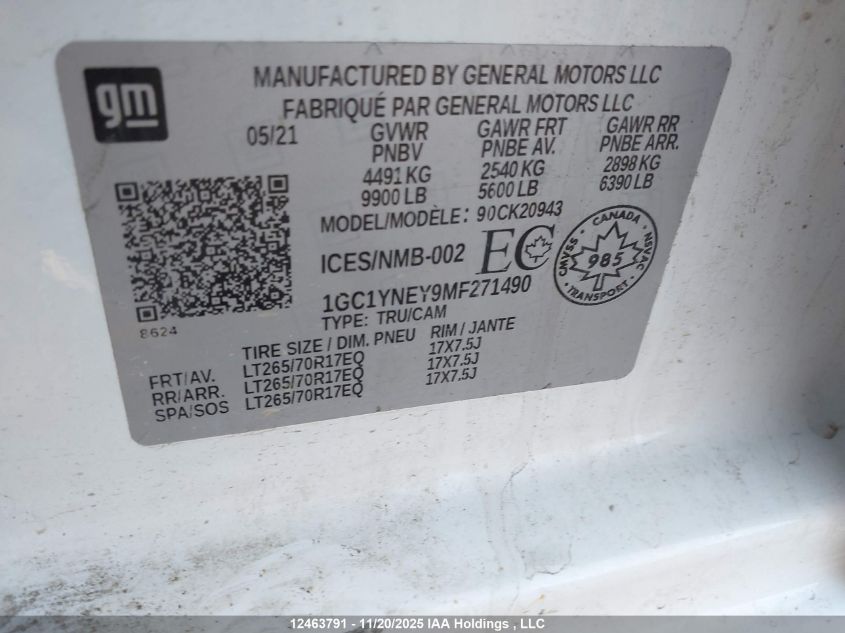 2021 Chevrolet Silverado K2500 Heavy Duty Lt VIN: 1GC1YNEY9MF271490 Lot: 12463791