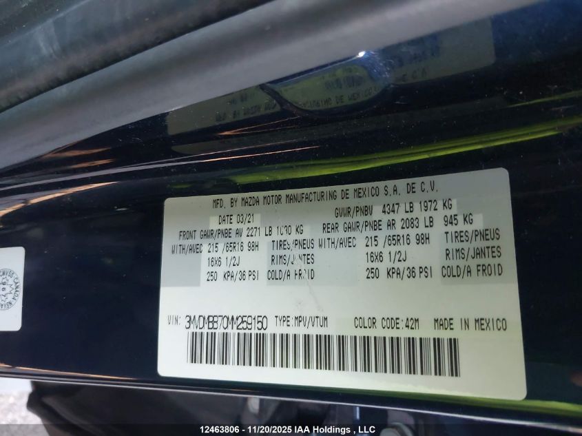 2021 Mazda Cx-30 Gx VIN: 3MVDMBB70MM259150 Lot: 12463806