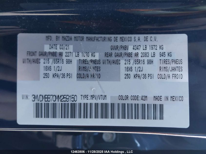 2021 Mazda Cx-30 Gx VIN: 3MVDMBB70MM259150 Lot: 12463806