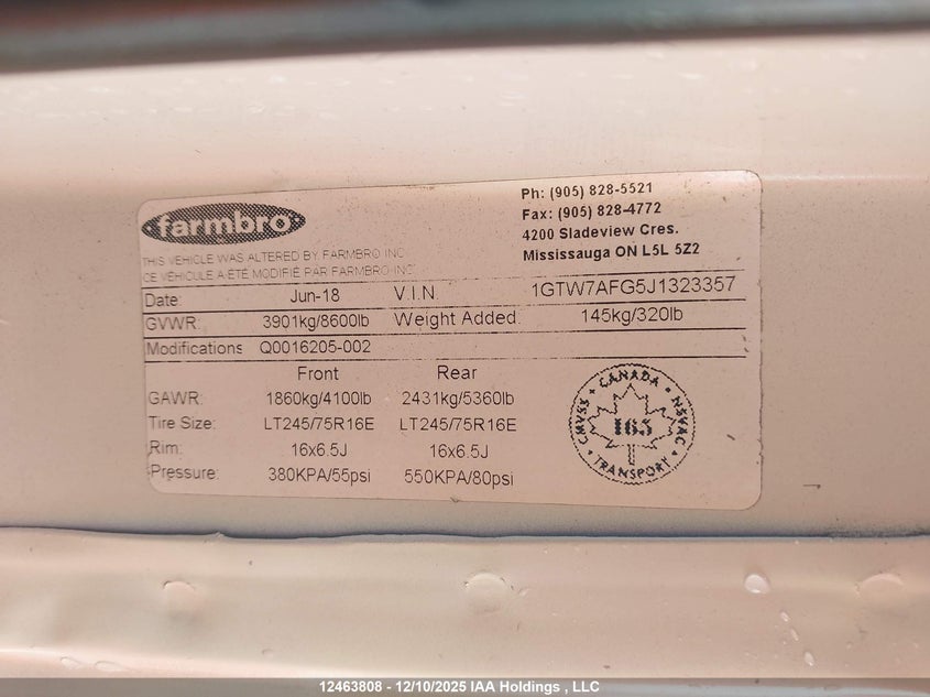 2018 GMC Savana 2500 Work Van VIN: 1GTW7AFG5J1323357 Lot: 12463808