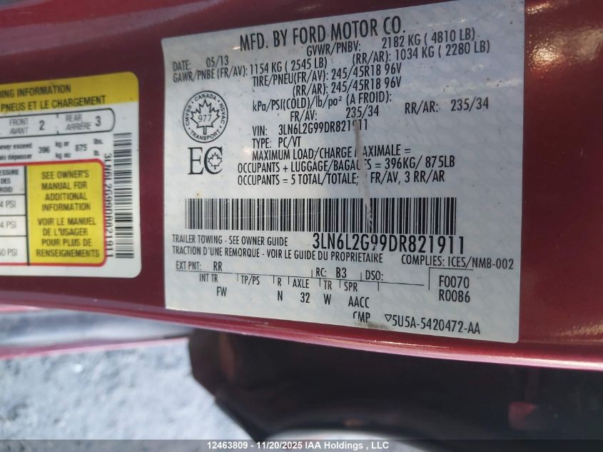 2013 Lincoln Mkz VIN: 3LN6L2G99DR821911 Lot: 12463809