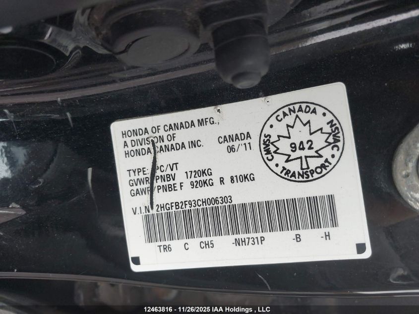 2012 Honda Civic Ex-L VIN: 2HGFB2F93CH006303 Lot: 12463816