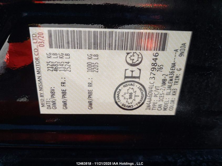 2020 Nissan Maxima Sl VIN: 1N4AA6DV4LC379846 Lot: 12463818