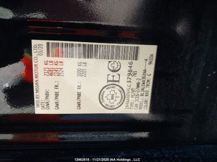 2020 Nissan Maxima Sl VIN: 1N4AA6DV4LC379846 Lot: 12463818