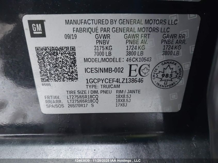 2020 Chevrolet Silverado K1500 Trail Boss Custom VIN: 1GCPYCEF4LZ138646 Lot: 12463830