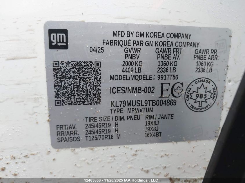 2026 Chevrolet Trailblazer Rs VIN: KL79MUSL9TB004869 Lot: 12463838