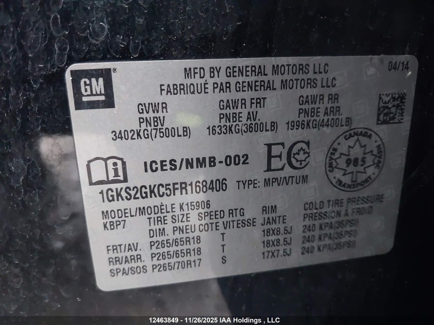 1GKS2GKC5FR168406 2015 GMC YUKON photo no. 9