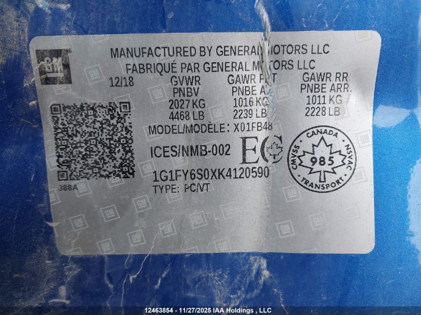 2019 Chevrolet Bolt Ev Lt VIN: 1G1FY6S0XK4120590 Lot: 12463854