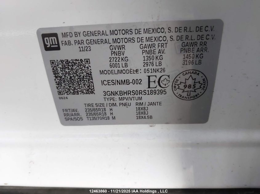 2024 Chevrolet Blazer Lt VIN: 3GNKBHRS0RS189395 Lot: 12463860