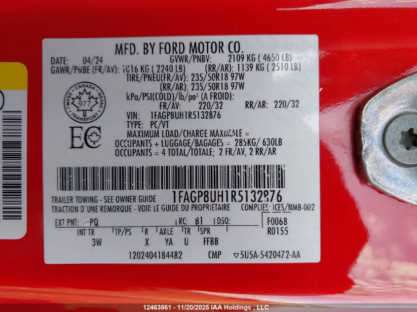 2024 Ford Mustang VIN: 1FAGP8UH1R5132876 Lot: 12463861