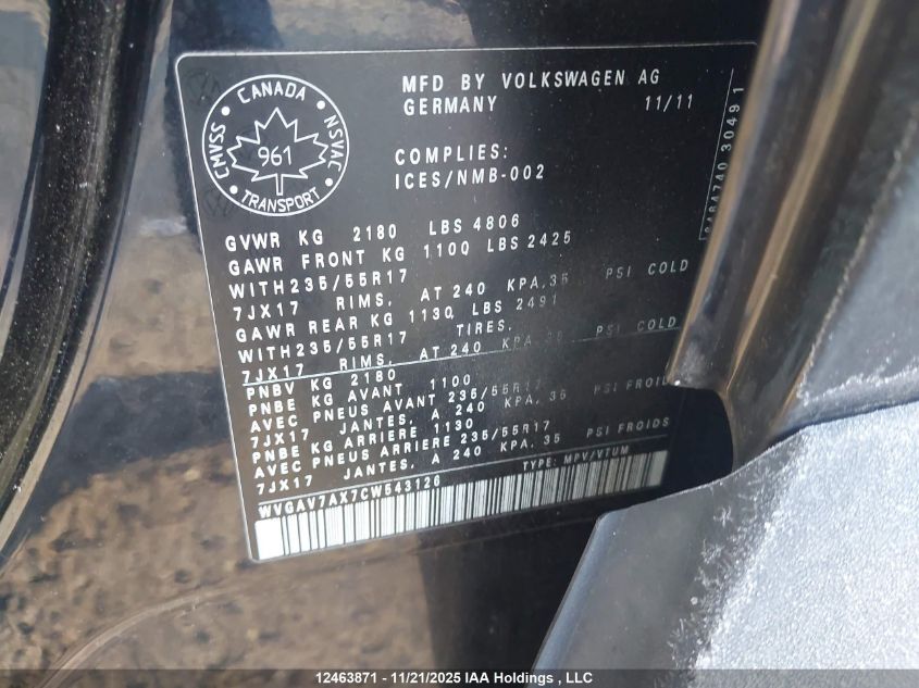 2012 Volkswagen Tiguan 2.0 Tsi Comfortline/2.0 Tsi Trendline VIN: WVGAV7AX7CW543126 Lot: 12463871