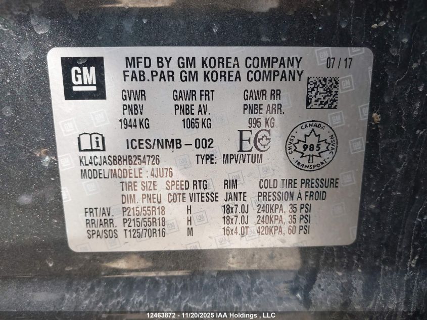 2017 Buick Encore Preferred VIN: KL4CJASB8HB254726 Lot: 12463872