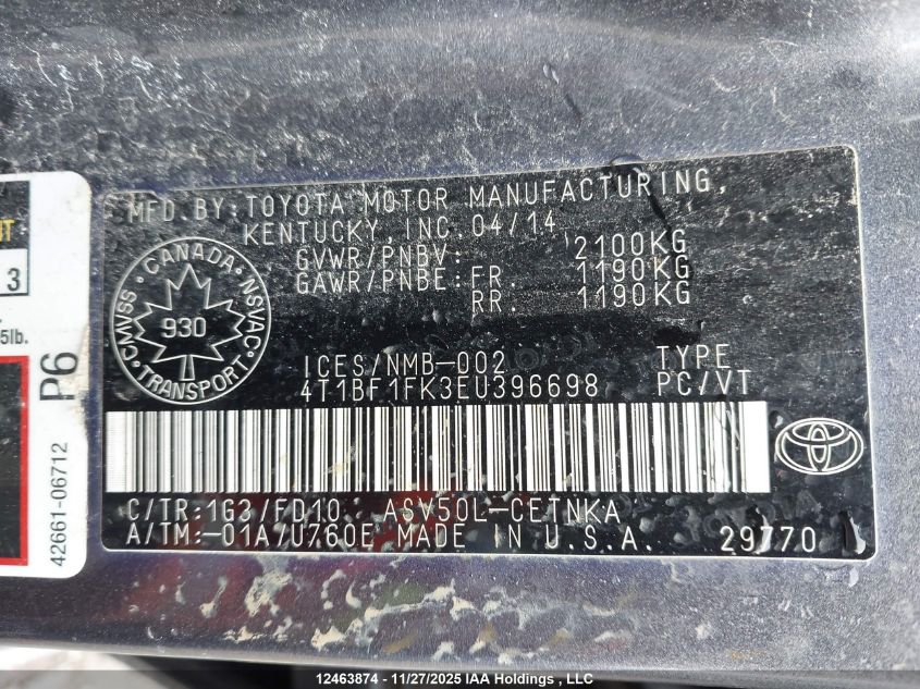 2014 Toyota Camry Le VIN: 4T1BF1FK3EU396698 Lot: 12463874