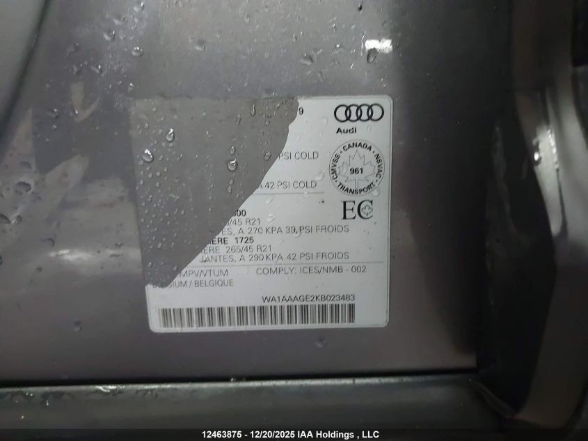 2019 Audi E-Tron Progressiv VIN: WA1AAAGE2KB023483 Lot: 12463875