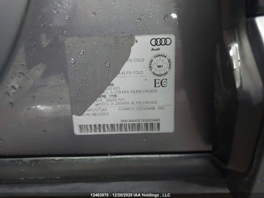 2019 Audi E-Tron Progressiv VIN: WA1AAAGE2KB023483 Lot: 12463875