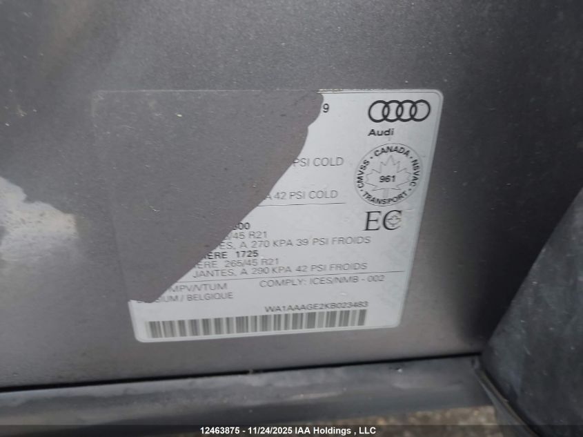 2019 Audi E-Tron Progressiv VIN: WA1AAAGE2KB023483 Lot: 12463875