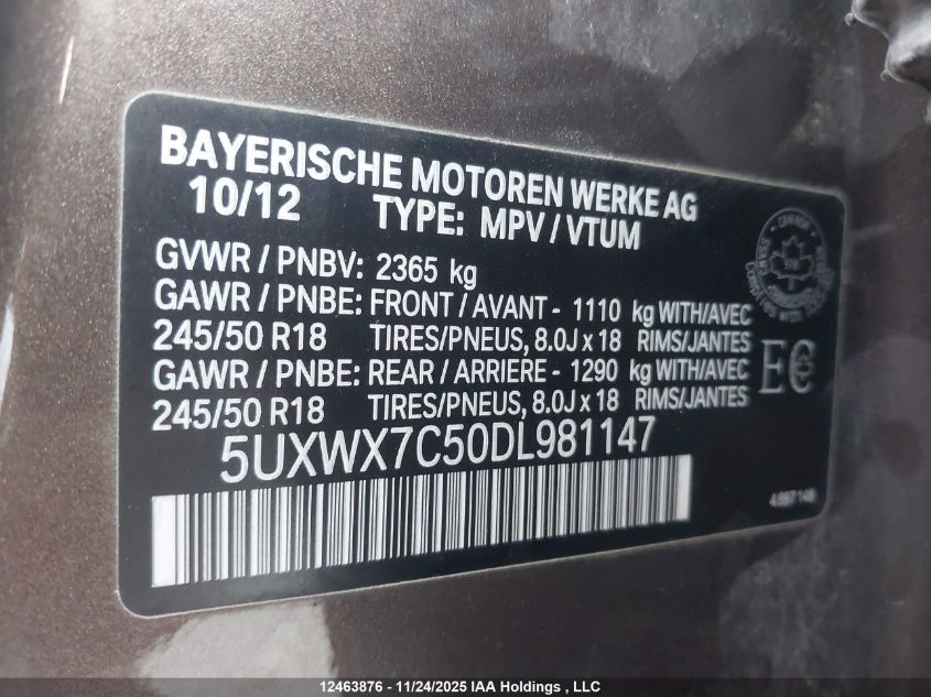 2013 BMW X3 3.5I VIN: 5UXWX7C50DL981147 Lot: 12463876