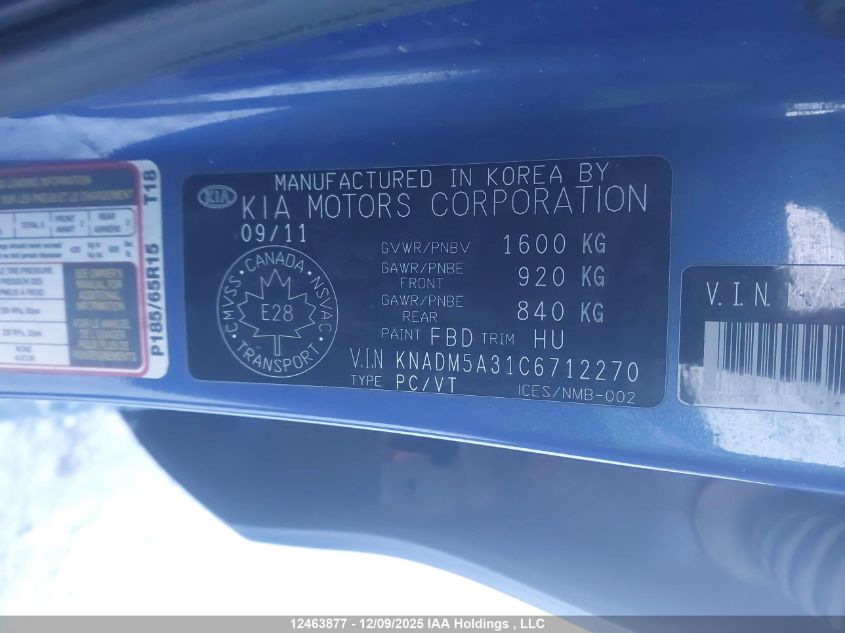 2012 Kia Rio Lx VIN: KNADM5A31C6712270 Lot: 12463877