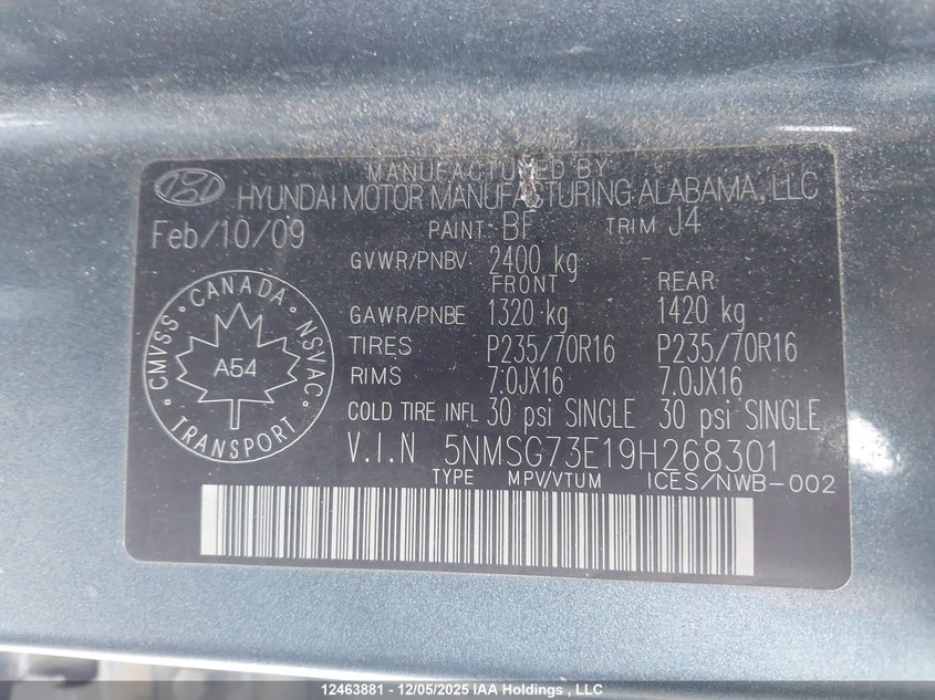 5NMSG73E19H268301 2009 HYUNDAI SANTA FE photo no. 9